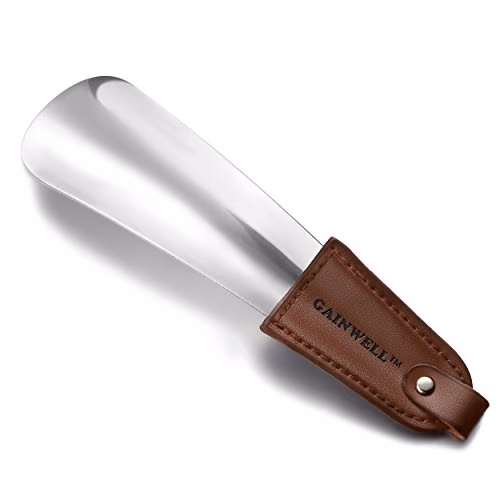 Chausse-pied GAINWELL - Chausse-pied acier inoxydable avec lanière en cuir - Convient pour toutes les tailles de pieds - Facile à utiliser, parfait pour le voyage - Accessoire Gentleman Classique