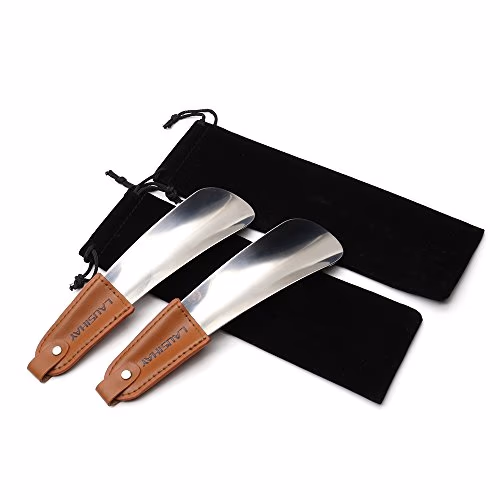 2 pc Chausse-pied - Chausse-pied acier inoxydable avec lanière en cuir - Élégant chausse-pied portable en 16 cm- Facile à utiliser, parfait pour le voyage - Accessoire Gentleman Classique