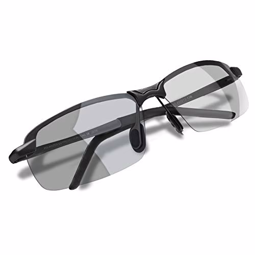 WHCREAT Homme Lunettes De Soleil Polarisées Photochromiques Pour La Conduite D'un Sport en Plein Air Avec Cadre AL-MG Ultra-léger - Noir Cadre Gris Lentille