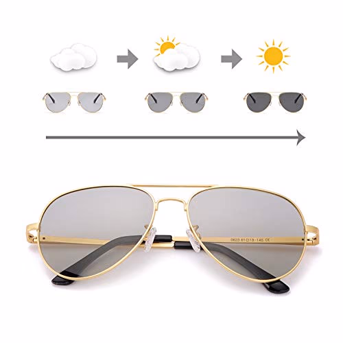 OSVAW Photochromique Lunettes de Soleil Homme- Polarisée Réfléchissantes 100% UVA UVB Protection - Lunettes de conduite avec monture en métal Incassable (D'or)