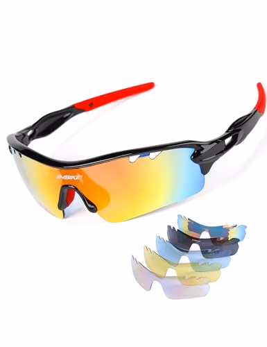 INBIKE Lunette de Soleil Sport pour Running VTT Vélo Cyclisme Lunettes Polarisées Anti-buée Anti-UV Antireflet avec 5 Verres Léger Durable （ Noir）