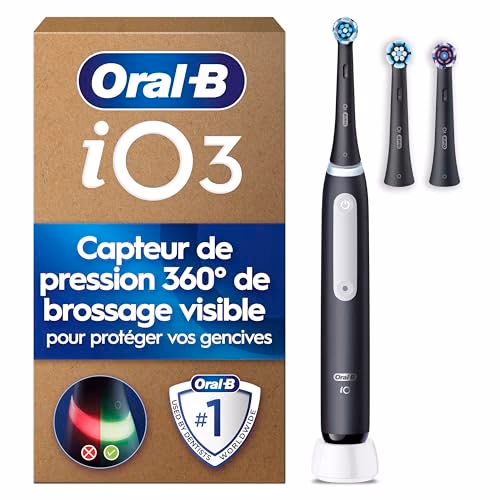 Oral-B Brosse A Dents Electrique iO 3 Noire, 3 Modes De Nettoyage Dont Blancheur, Brossage Silencieux, Capteur De Pression, 3 Brossettes De Rechange Oral B, Embouts Ronds, Chargeur, En Carton